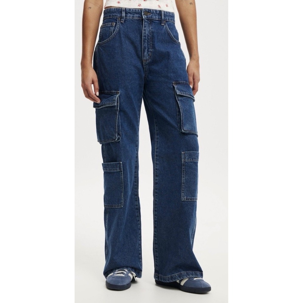 Cotton On Womens Cargo Wide Leg Jeans Nordic Blue High Rise Denim Size 6 NEW